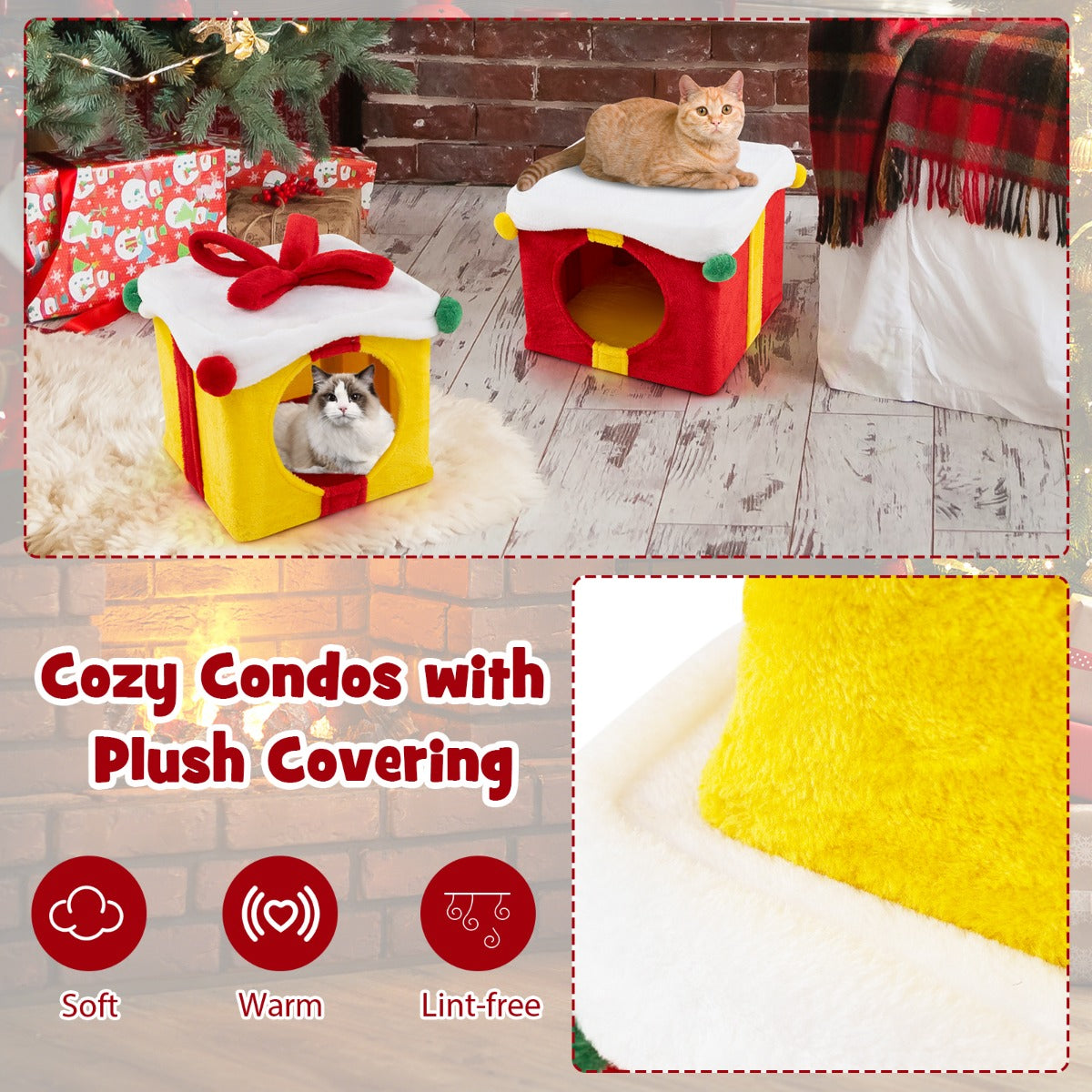 LIVSK Kerstkattenhuis - Geschenkdoosvormig - Stapelbaar - Pluche Bekleding - Voor 2 katten - Rood + Geel