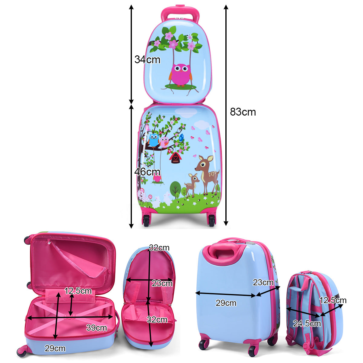 LIVSK Kinderkofferset - Koffer 46 cm + Rugzak 34 cm - Duurzaam ABS & PC - Verstelbare Handgreep - 360° Wielen - Roze
