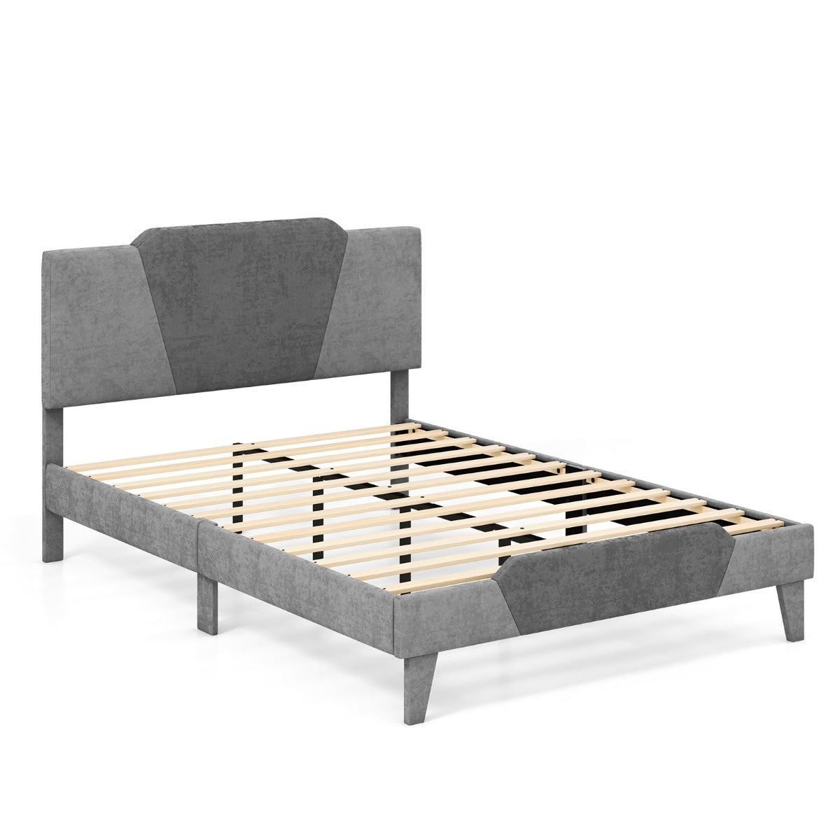 LIVSK Gewatteerd Bedframe met Fluwelen Hoofdeinde - Robuust Metaal met Houten Latten - Tot 500 kg - Onderste Opbergruimte - Grijs