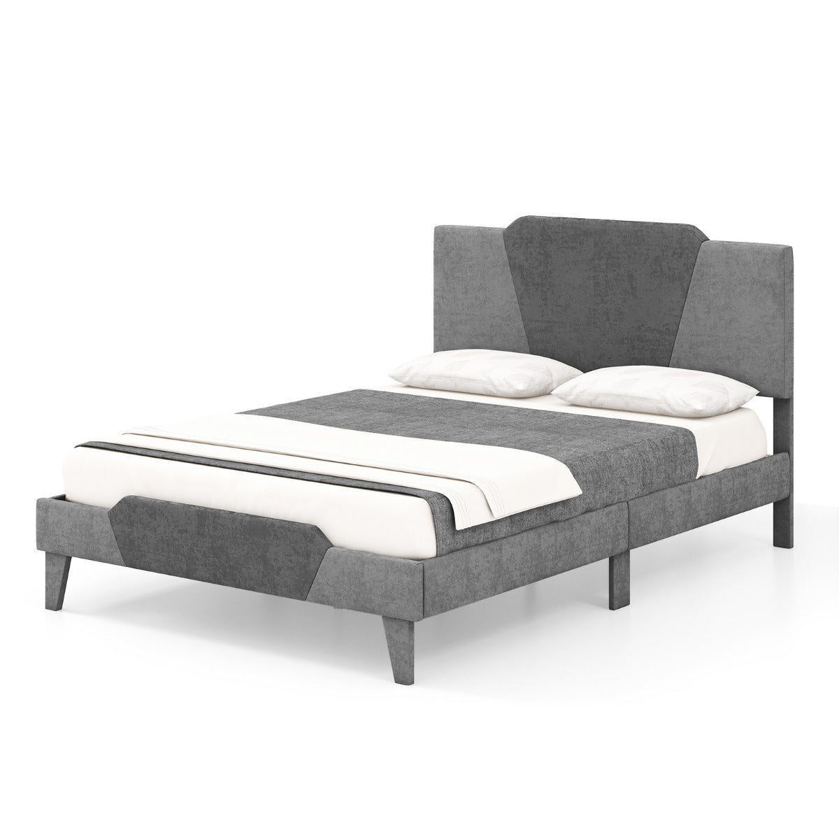 LIVSK Gewatteerd Bedframe met Fluwelen Hoofdeinde - Robuust Metaal met Houten Latten - Tot 500 kg - Onderste Opbergruimte - Grijs