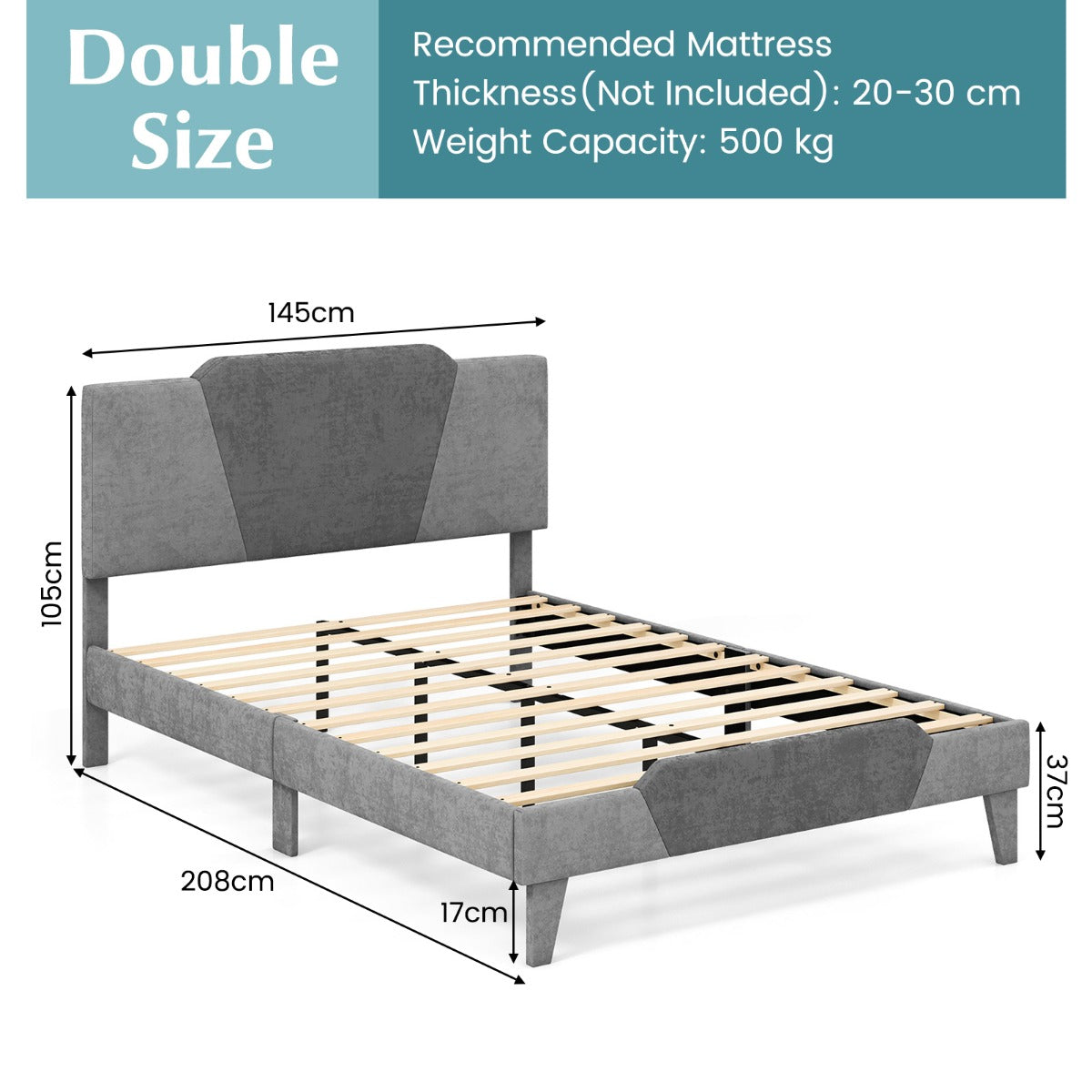 LIVSK Gewatteerd Bedframe met Fluwelen Hoofdeinde - Robuust Metaal met Houten Latten - Tot 500 kg - Onderste Opbergruimte - Grijs