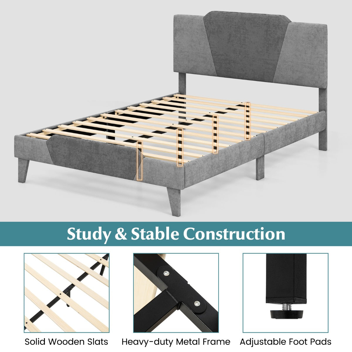 LIVSK Gewatteerd Bedframe met Fluwelen Hoofdeinde - Robuust Metaal met Houten Latten - Tot 500 kg - Onderste Opbergruimte - Grijs