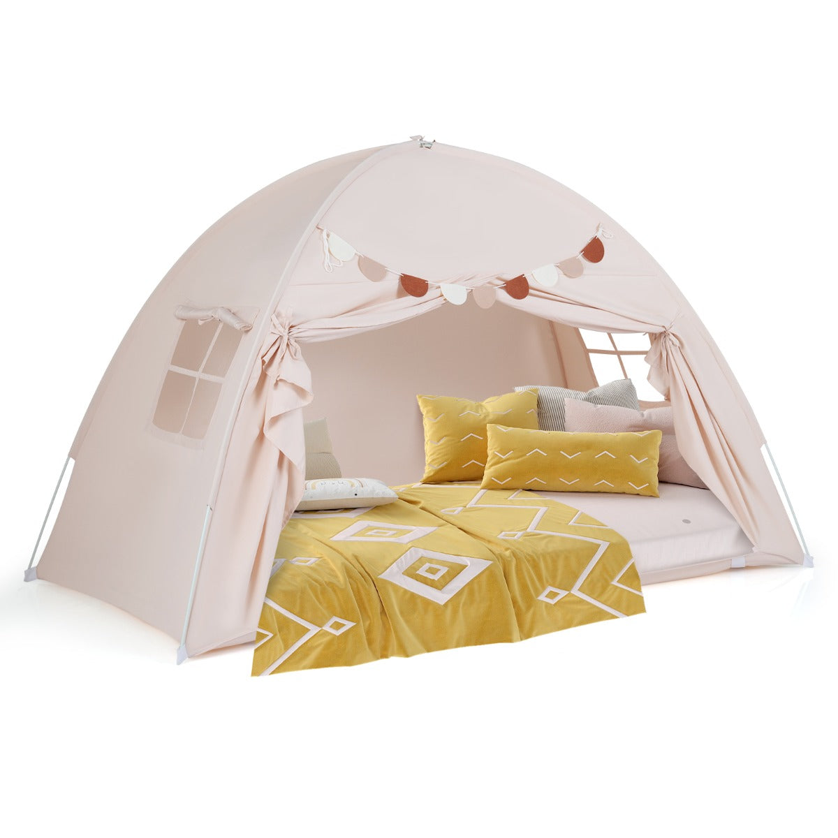 Livsk costway tweepersoons tent voor kinderen opvouwbare en draagbare baldakijntent voor stapelbed met 2 ramen en vlaggen beige