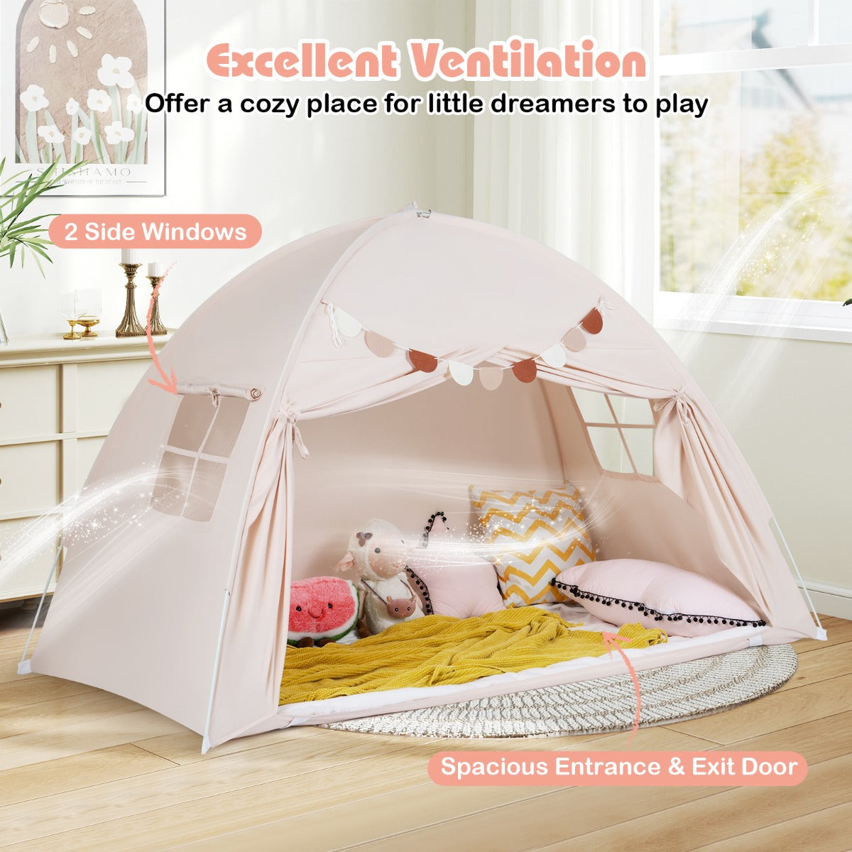 Livsk costway tweepersoons tent voor kinderen opvouwbare en draagbare baldakijntent voor stapelbed met 2 ramen en vlaggen beige 3