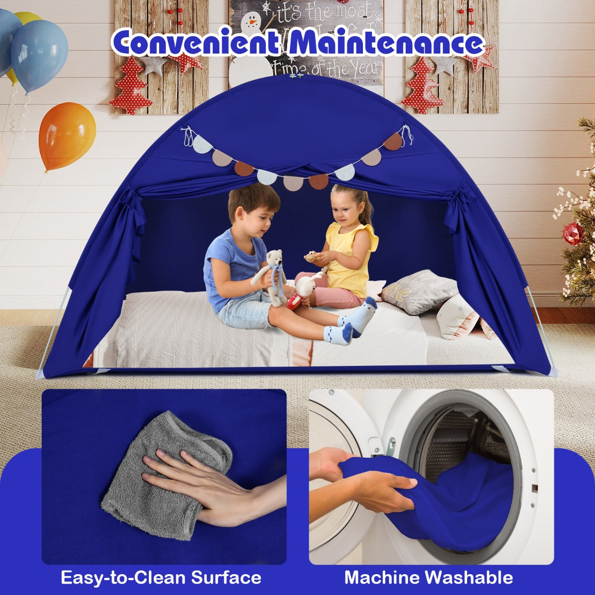 Livsk costway tweepersoons tent voor kinderen opvouwbare en draagbare baldakijntent voor stapelbed met 2 ramen en vlaggen marineblauw 2