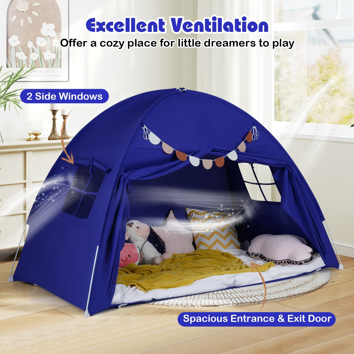 Livsk costway tweepersoons tent voor kinderen opvouwbare en draagbare baldakijntent voor stapelbed met 2 ramen en vlaggen marineblauw 3