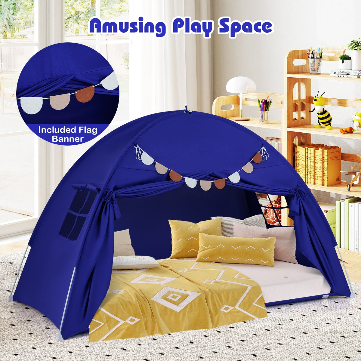 Livsk costway tweepersoons tent voor kinderen opvouwbare en draagbare baldakijntent voor stapelbed met 2 ramen en vlaggen marineblauw 6