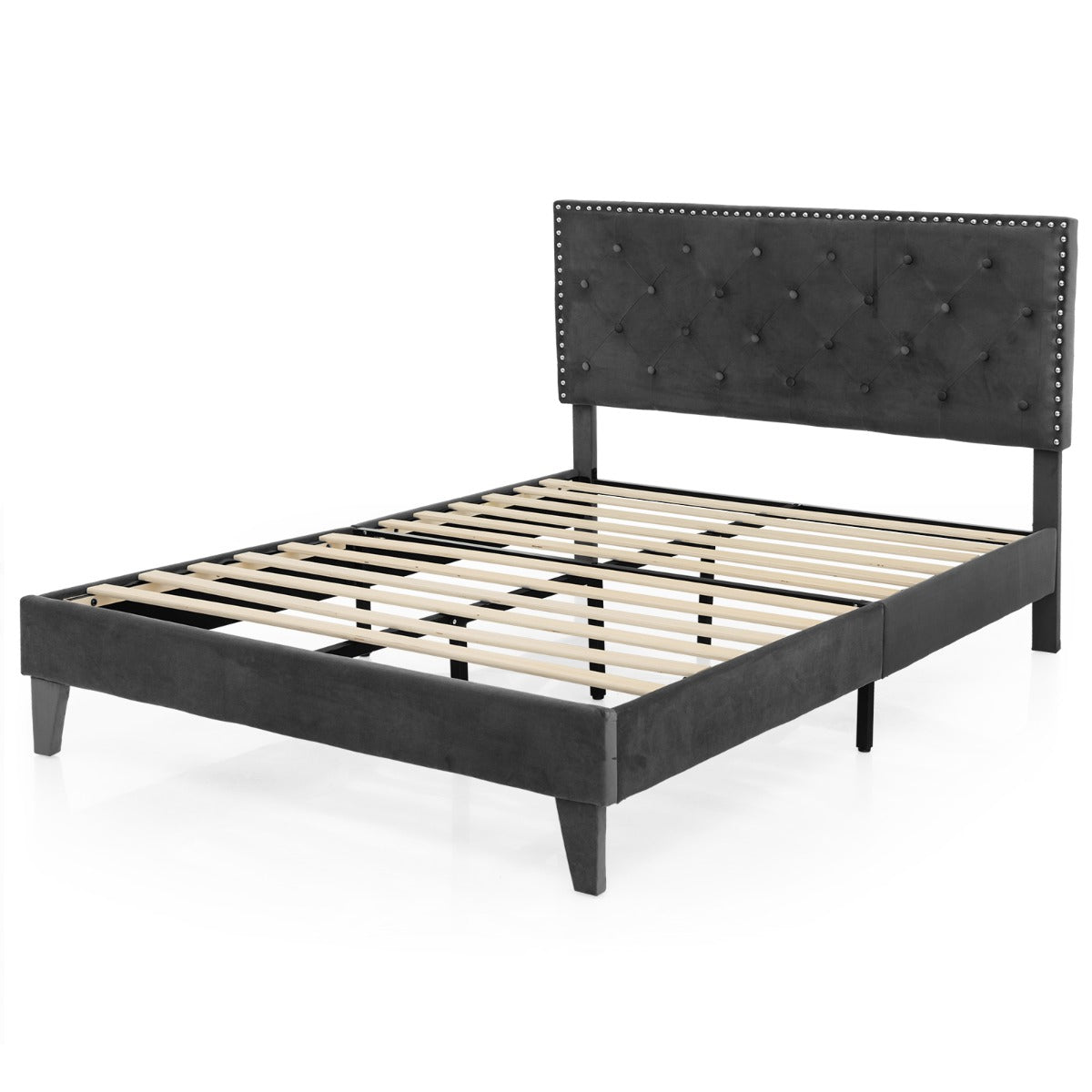 LIVSK Tweepersoonsbed 140 x 200 cm - Massief Houten Lattenbodem - Gewatteerd Hoofdbord - Eenvoudig te Monteren - Grijs