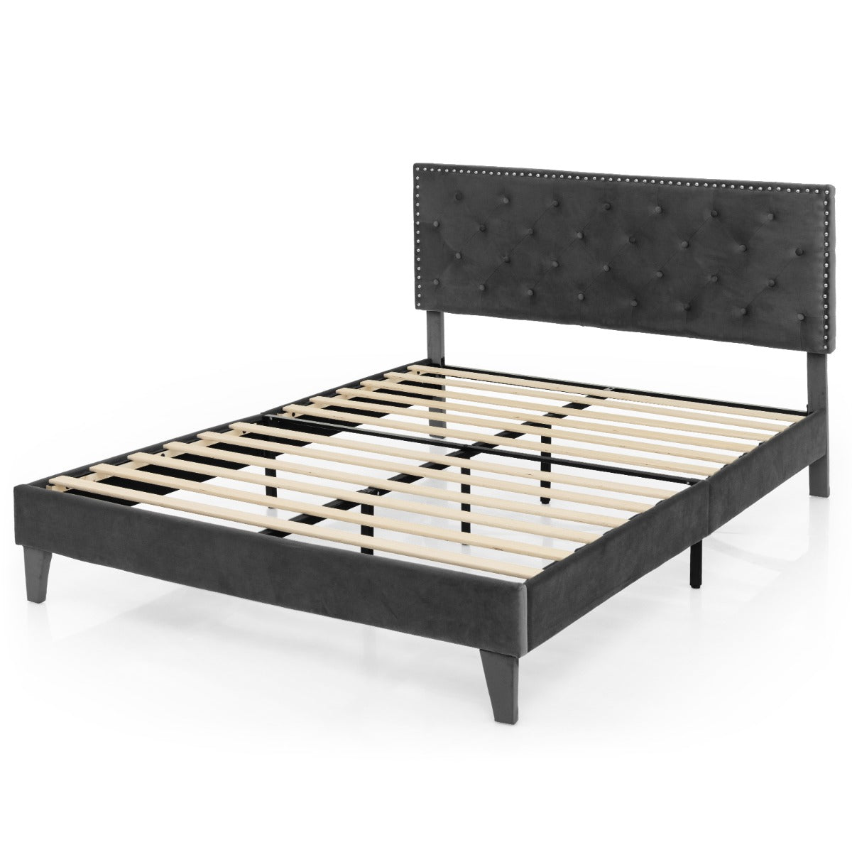 LIVSK Gewatteerd Bedframe 207,5 x 200 x 105,5/114 cm - Massief Houten Latten - Comfortabel Hoofdbord - Ruimtebesparend - Grijs