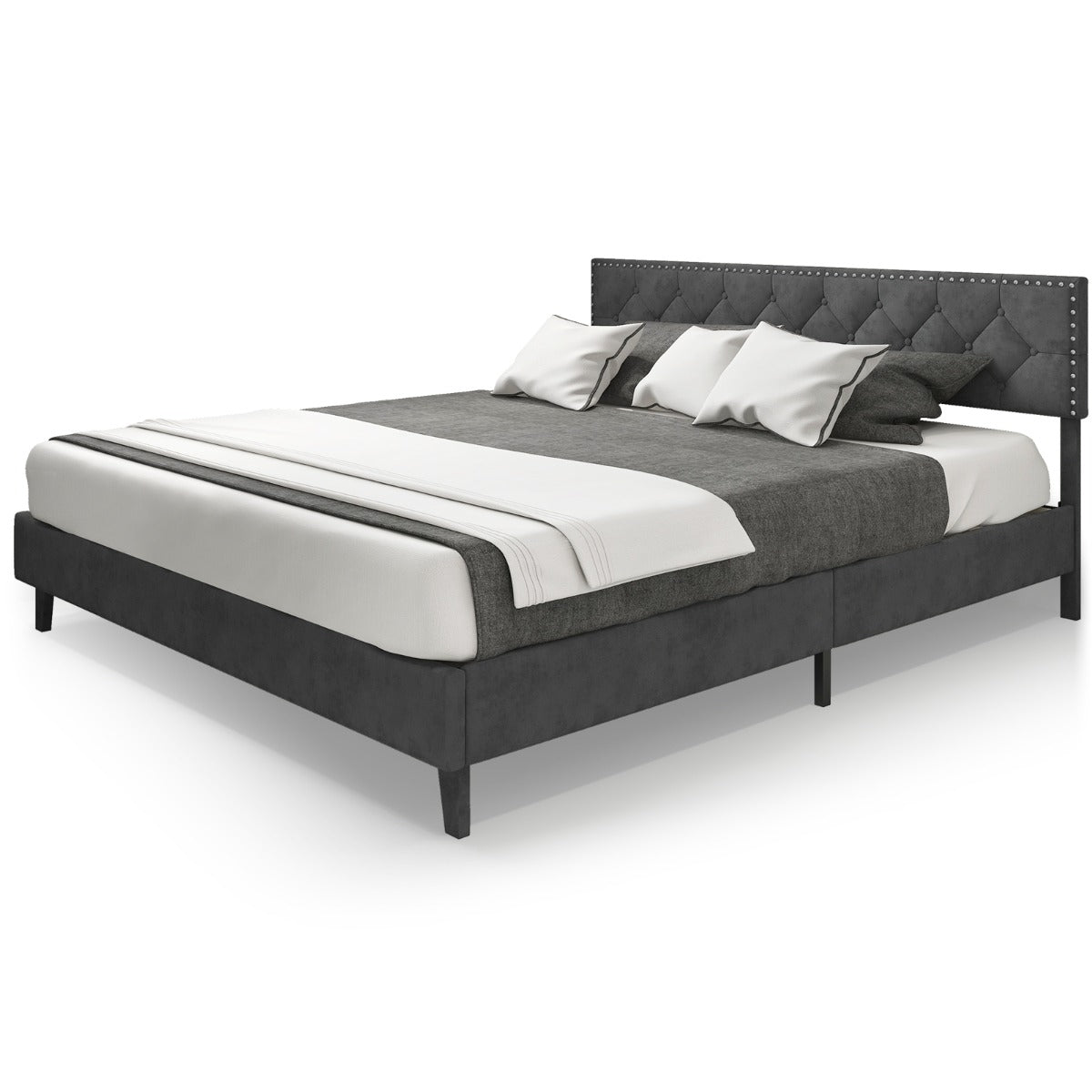 LIVSK Gewatteerd Bedframe 207,5 x 200 x 105,5/114 cm - Massief Houten Latten - Comfortabel Hoofdbord - Ruimtebesparend - Grijs