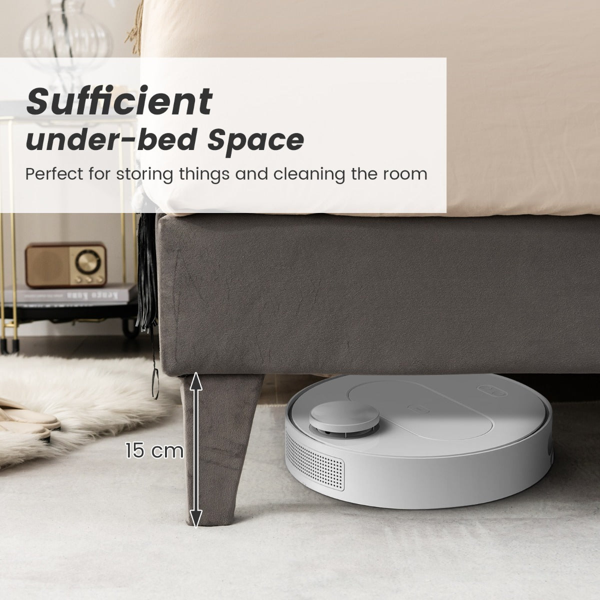 LIVSK Gewatteerd Bedframe 207,5 x 200 x 105,5/114 cm - Massief Houten Latten - Comfortabel Hoofdbord - Ruimtebesparend - Grijs