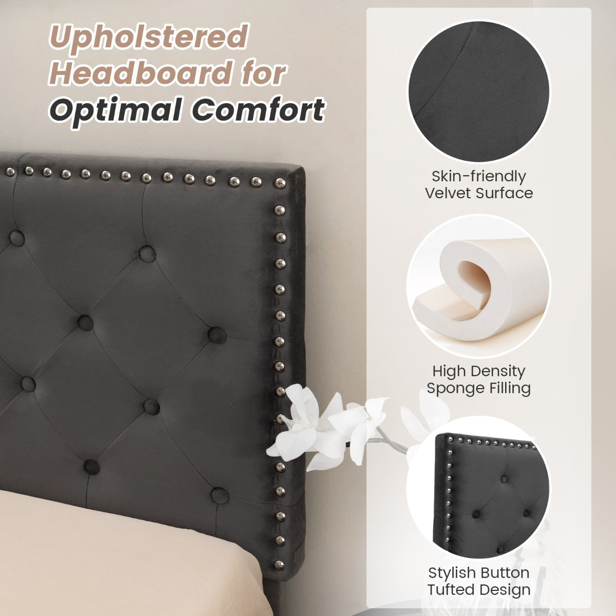 LIVSK Gewatteerd Bedframe 207,5 x 200 x 105,5/114 cm - Massief Houten Latten - Comfortabel Hoofdbord - Ruimtebesparend - Grijs