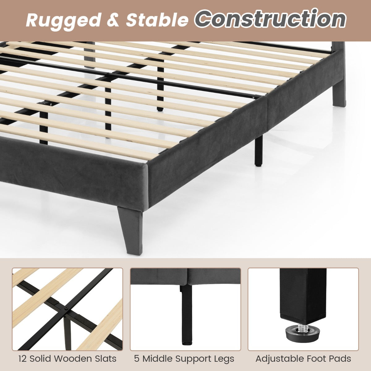 LIVSK Gewatteerd Bedframe 207,5 x 200 x 105,5/114 cm - Massief Houten Latten - Comfortabel Hoofdbord - Ruimtebesparend - Grijs