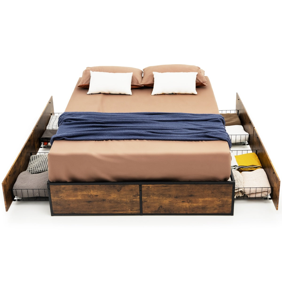 LIVSK Metalen Bedframe met 4 Laden - Stevig en Geluidsdempend - Voor Eigen Hoofdbord - Tot 300 kg - Rustiek Bruin