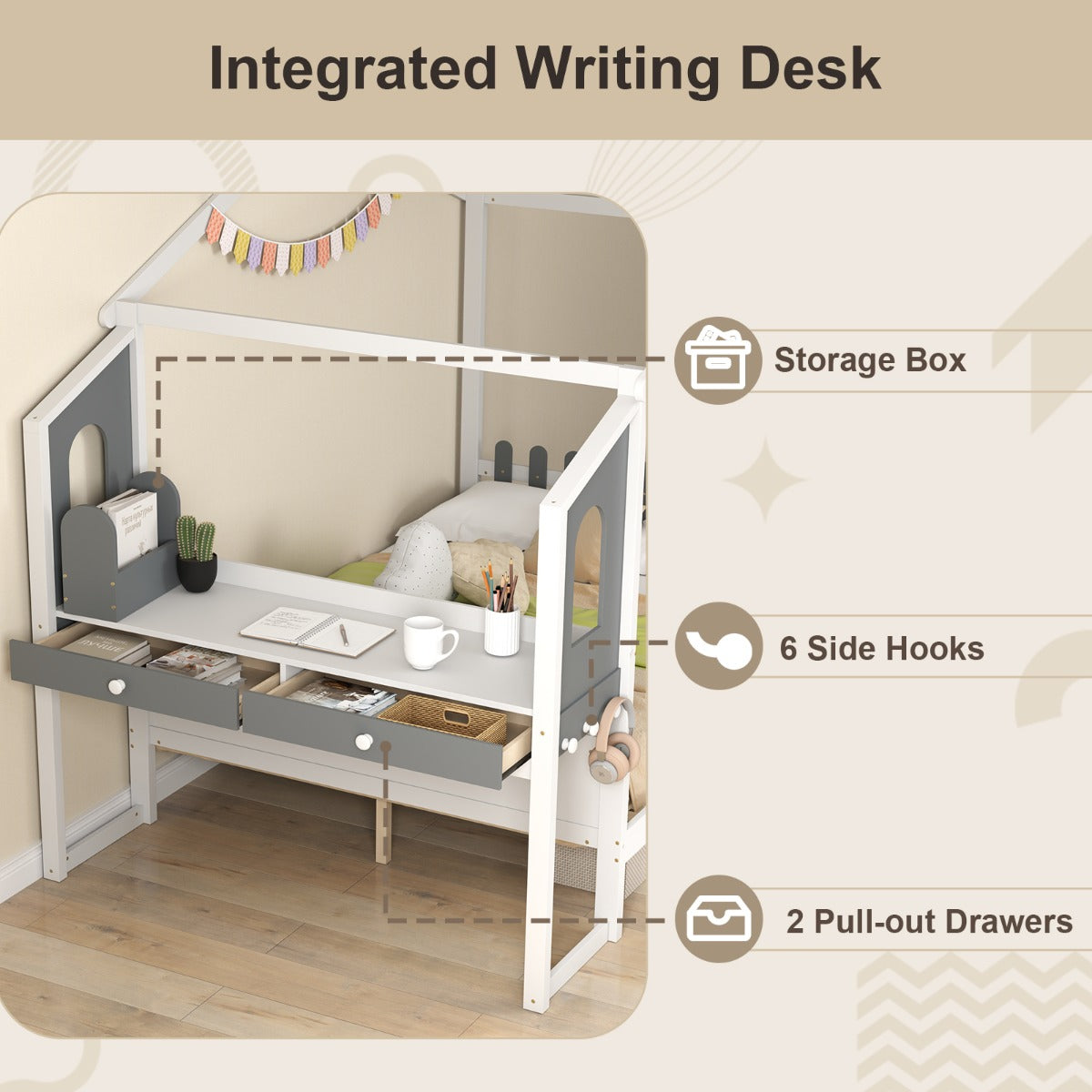 LIVSK Huisvormig Bedframe met Bureau - Hekvormig Hoofdeinde - Massief Hout - Tot 320 kg - 200 x 140 cm - Wit + Grijs