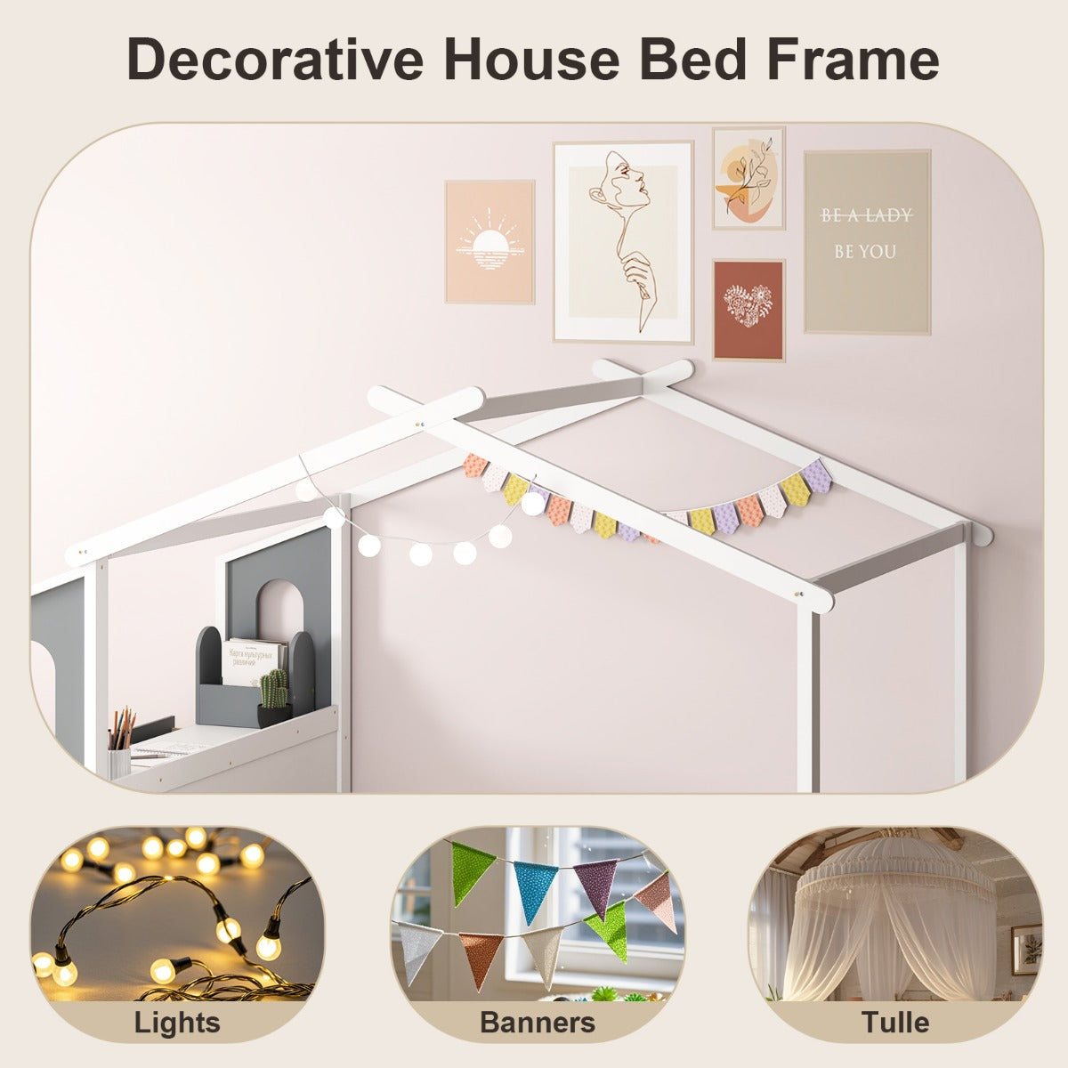 LIVSK Huisvormig Bedframe met Bureau - Hekvormig Hoofdeinde - Massief Hout - Tot 320 kg - 200 x 140 cm - Wit + Grijs