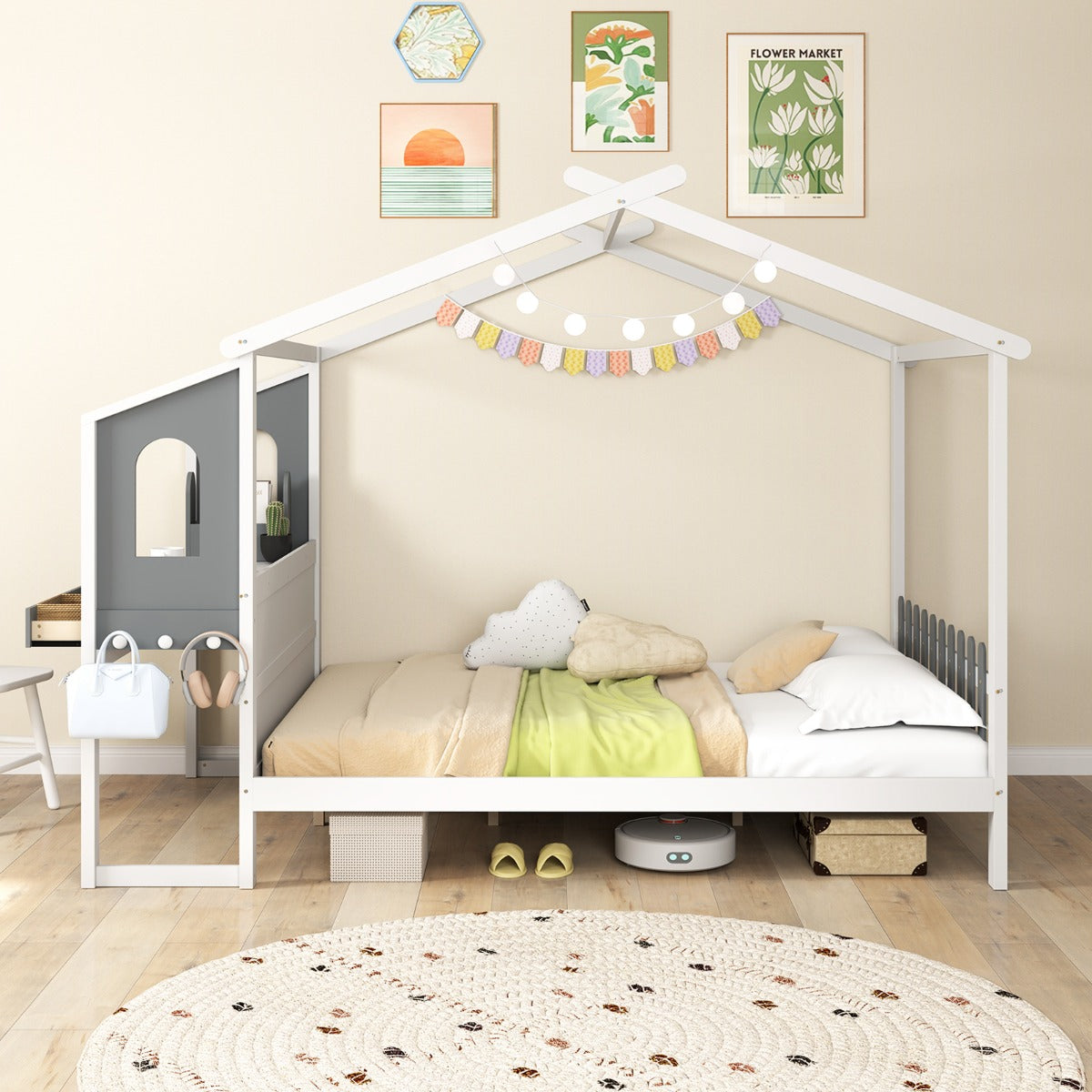 LIVSK Huisvormig Bedframe met Bureau - Hekvormig Hoofdeinde - Massief Hout - Tot 320 kg - 200 x 140 cm - Wit + Grijs