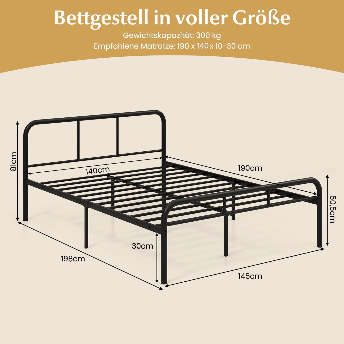 LIVSK Metalen Platformbed - Hoogbelastbaar Frame - Geventileerde Lattenbodem - 300 kg Draagcapaciteit - 198 x 141 x 81 cm - Zwart