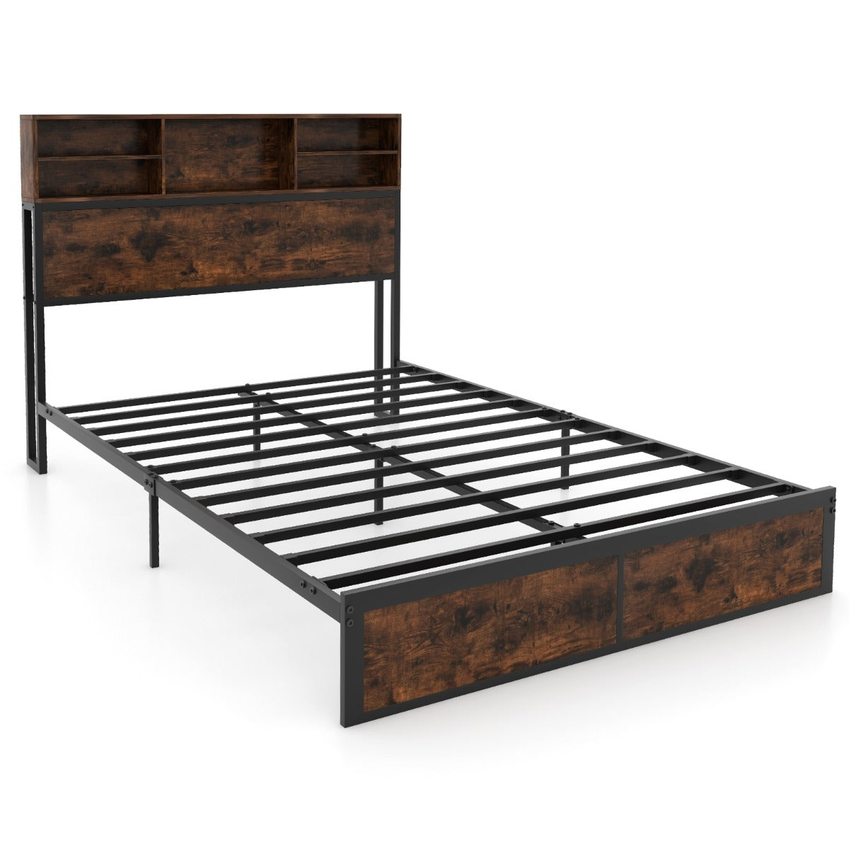 LIVSK Tweepersoonsbedframe met Oplaadstation - Stevig Metaal - Hoofdbord met Opbergruimte - Tot 500 kg - Rustiek bruin