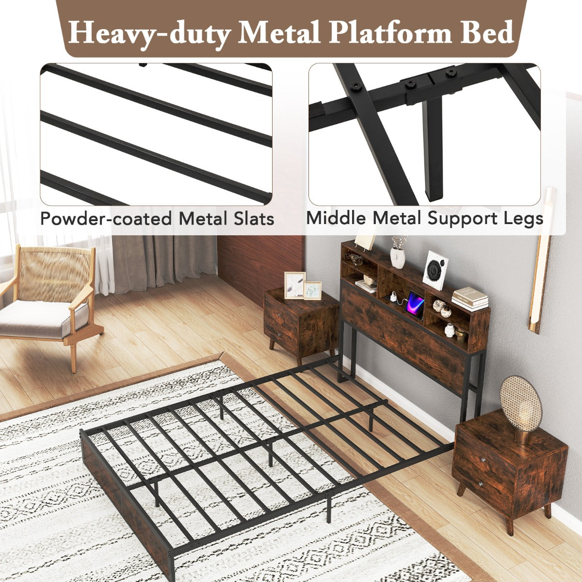 LIVSK Tweepersoonsbedframe met Oplaadstation - Stevig Metaal - Hoofdbord met Opbergruimte - Tot 500 kg - Rustiek bruin