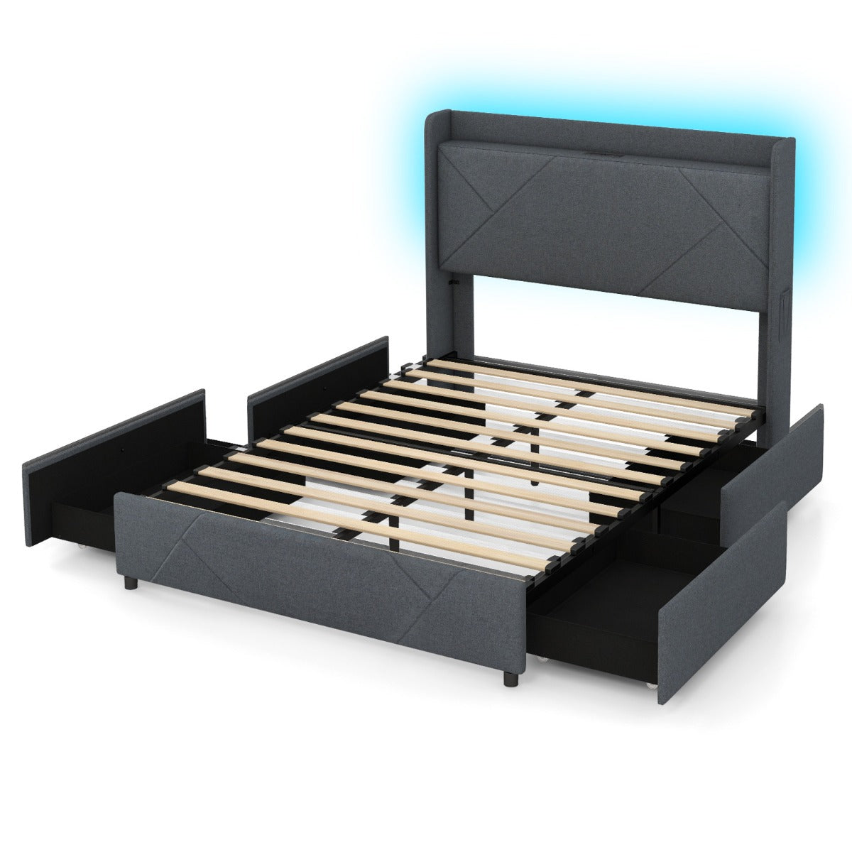 LIVSK LED-bedframe met Vleugelhoofdbord - 60.000 Kleuren Ambientverlichting - Oplaadstation en 4 Lades - Grijs