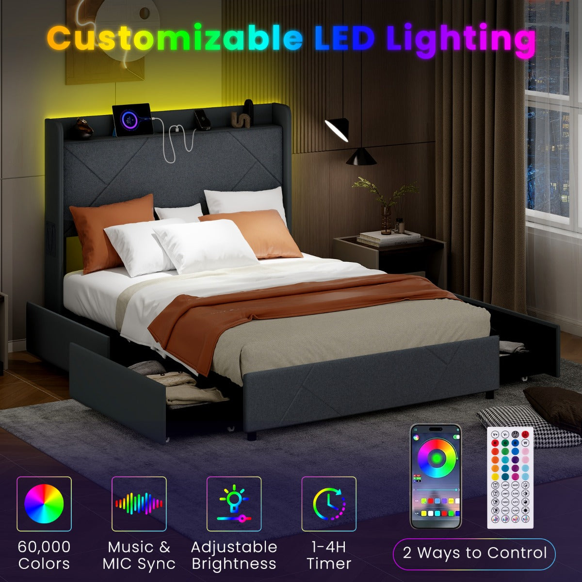 LIVSK LED-bedframe met Vleugelhoofdbord - 60.000 Kleuren Ambientverlichting - Oplaadstation en 4 Lades - Grijs