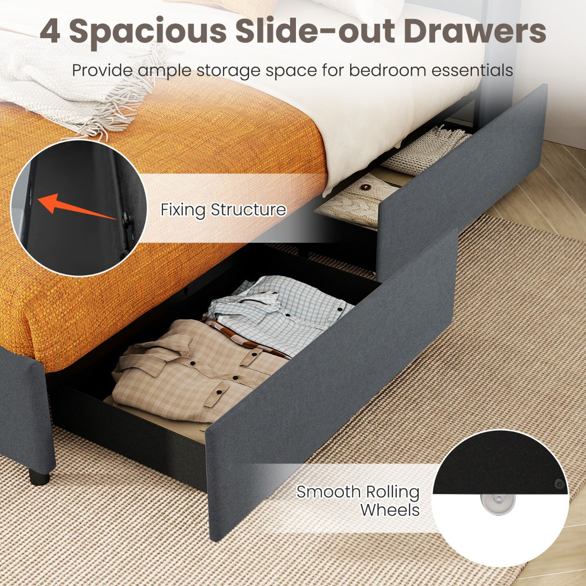 LIVSK LED-bedframe met Vleugelhoofdbord - 60.000 Kleuren Ambientverlichting - Oplaadstation en 4 Lades - Grijs