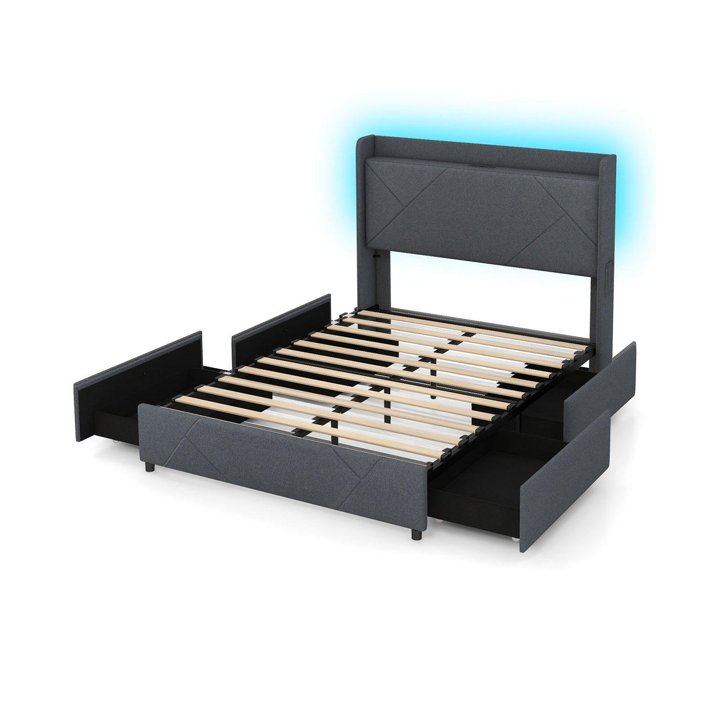 LIVSK Bedframe met LED-verlichting - Luxe Vleugelkop met Opbergruimte - Oplaadstation en 4 Lades - 200 x 160 cm - Grijs