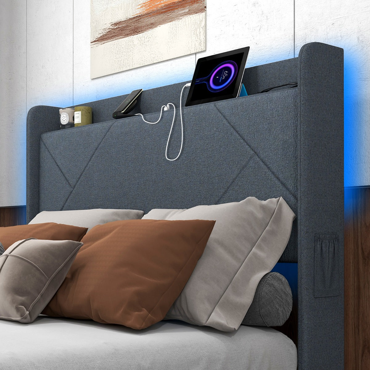 LIVSK Bedframe met LED-verlichting - Luxe Vleugelkop met Opbergruimte - Oplaadstation en 4 Lades - 200 x 160 cm - Grijs