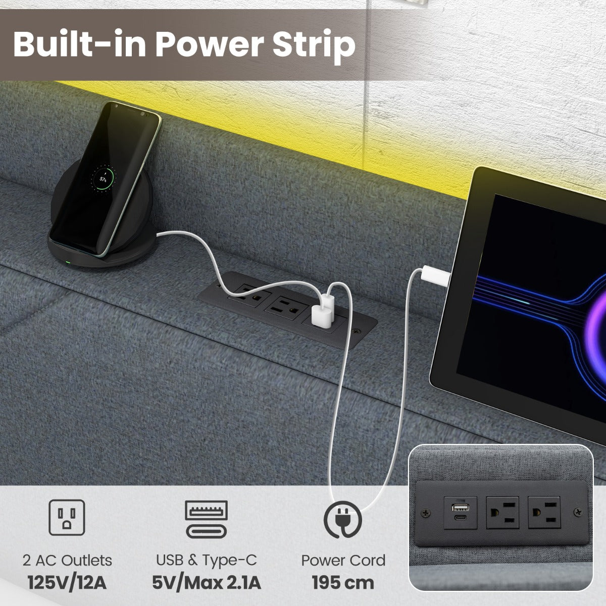 LIVSK Bedframe met LED-verlichting - Luxe Vleugelkop met Opbergruimte - Oplaadstation en 4 Lades - 200 x 160 cm - Grijs