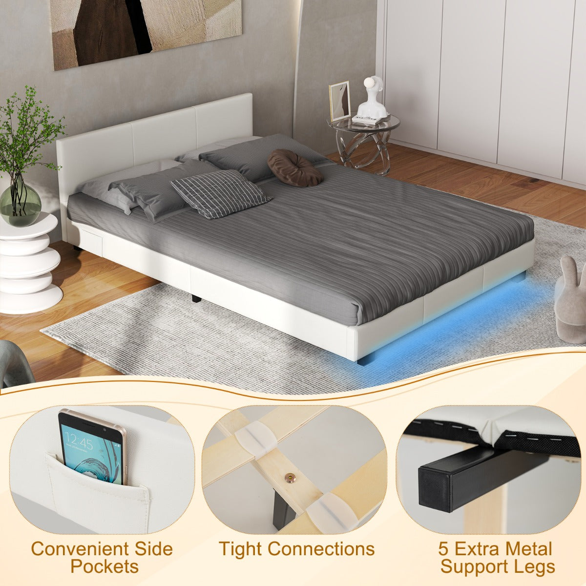 LIVSK Tweepersoonsbedframe met LED-verlichting - PU-leer - Multiplex Lattenbodem - 300 kg Draagvermogen - Wit
