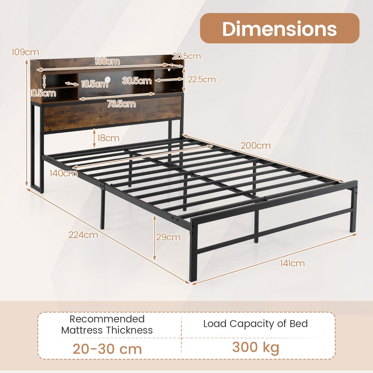 Livsk costway tweepersoonsbedframe met ledverlichting en oplaadstation metalen platformbed met opbergplanken 1 1
