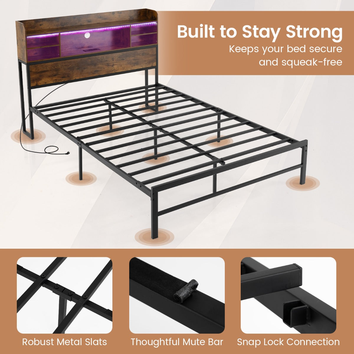 Livsk costway tweepersoonsbedframe met ledverlichting en oplaadstation metalen platformbed met opbergplanken 4