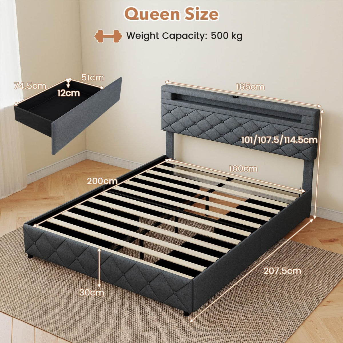 Livsk costway tweepersoonsbedframe met ledverlichting en usb aansluitingen modern platformbed met lades en verstelbaar opbergvak in het hoofdeinde 160 x 200 1 1