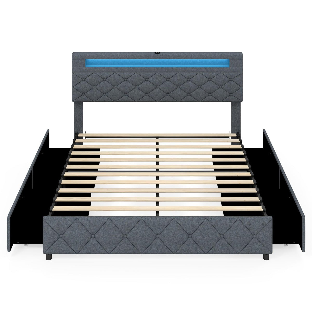 Livsk costway tweepersoonsbedframe met ledverlichting en usb aansluitingen modern platformbed met lades en verstelbaar opbergvak in het hoofdeinde 160 x 200