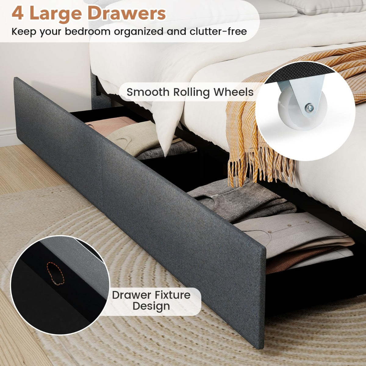 Livsk costway tweepersoonsbedframe met ledverlichting en usb aansluitingen modern platformbed met lades en verstelbaar opbergvak in het hoofdeinde 160 x 200 4