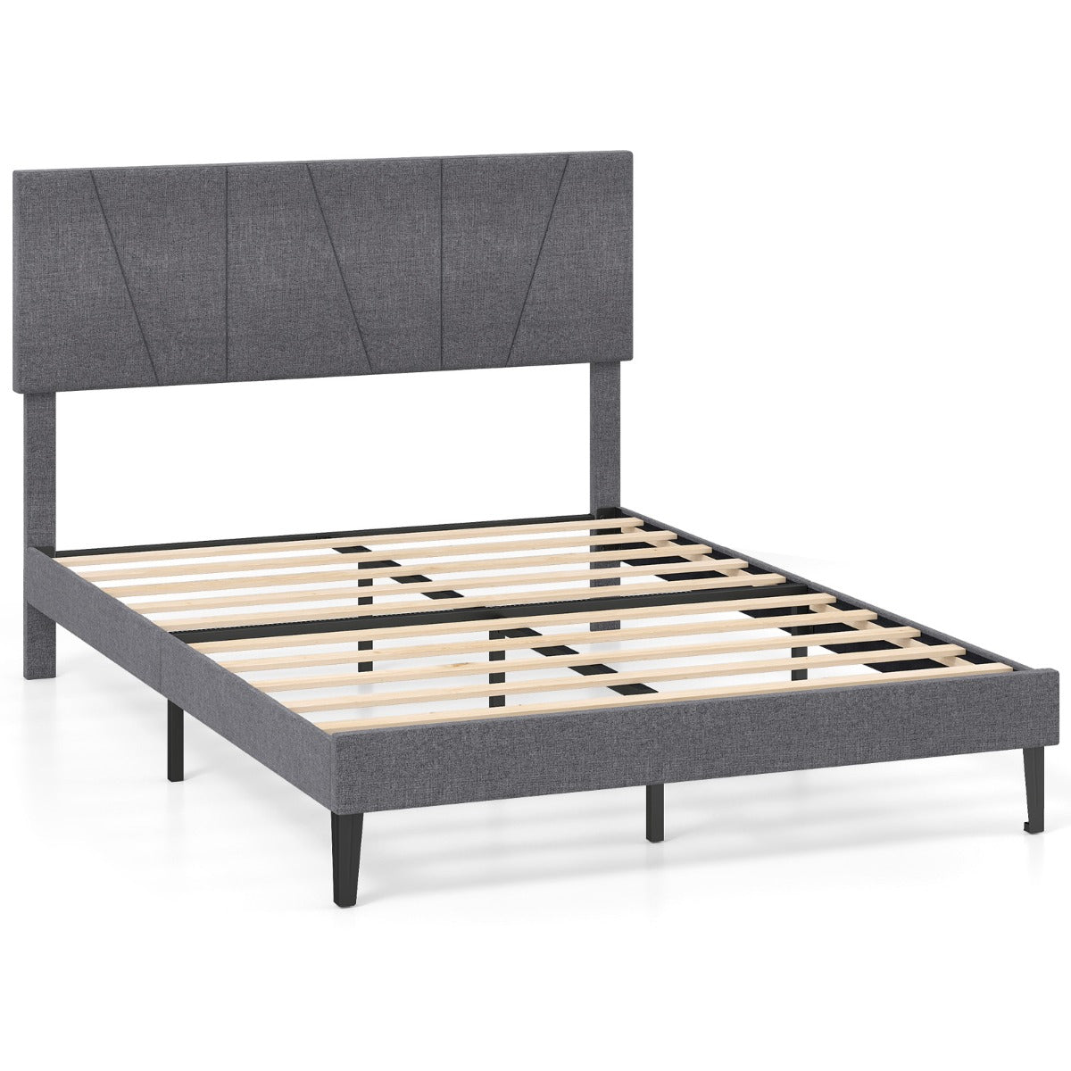 Livsk costway tweepersoonsbedframe met linnen bekleed platformbed met in hoogte verstelbaar geometrisch hoofdeinde 200 x 140 cm