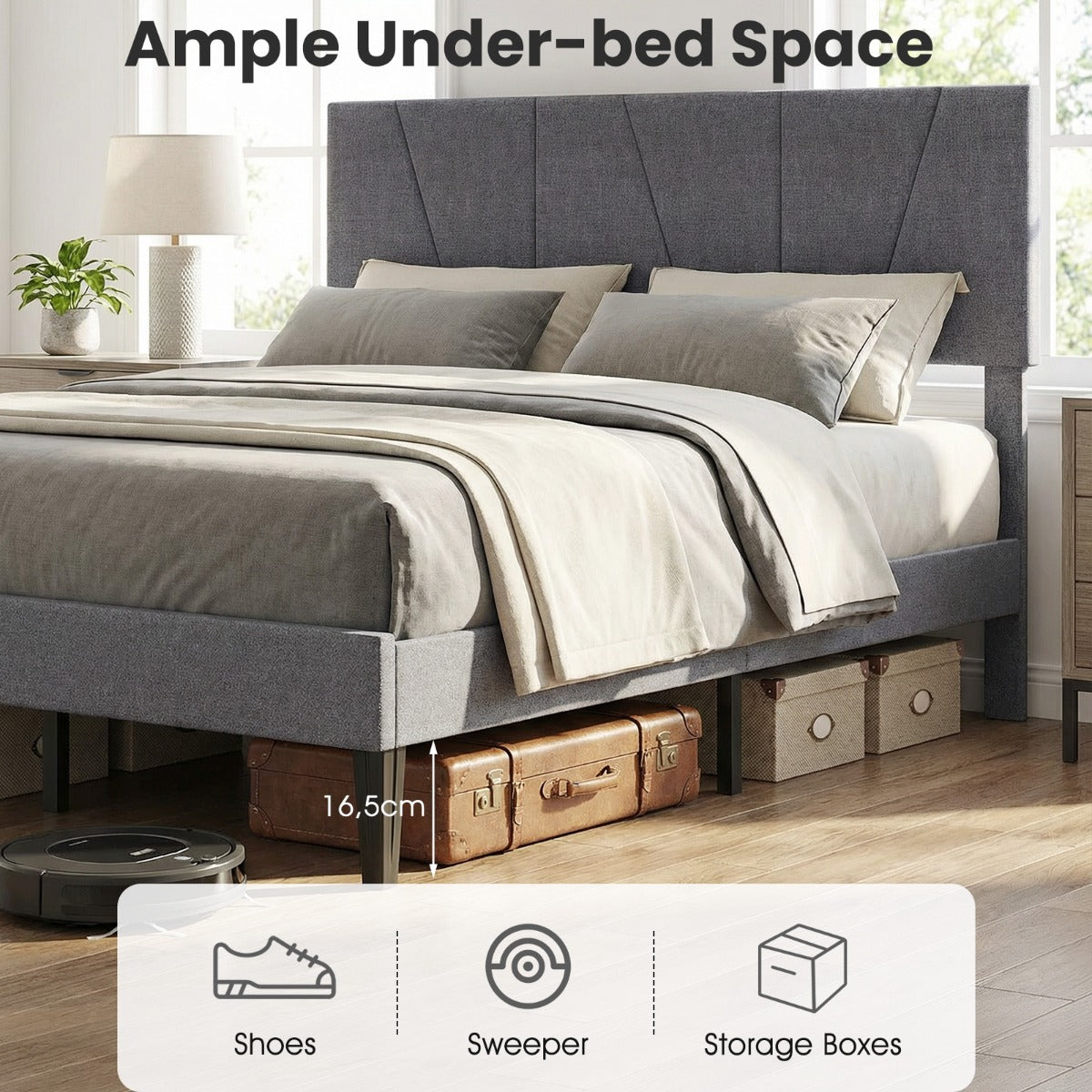 Livsk costway tweepersoonsbedframe met linnen bekleed platformbed met in hoogte verstelbaar geometrisch hoofdeinde 200 x 140 cm 3