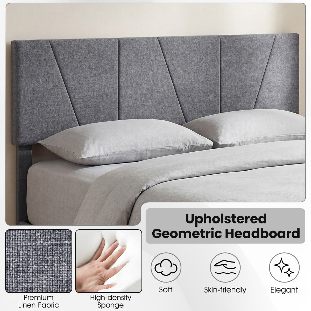 Livsk costway tweepersoonsbedframe met linnen bekleed platformbed met in hoogte verstelbaar geometrisch hoofdeinde 200 x 140 cm 6