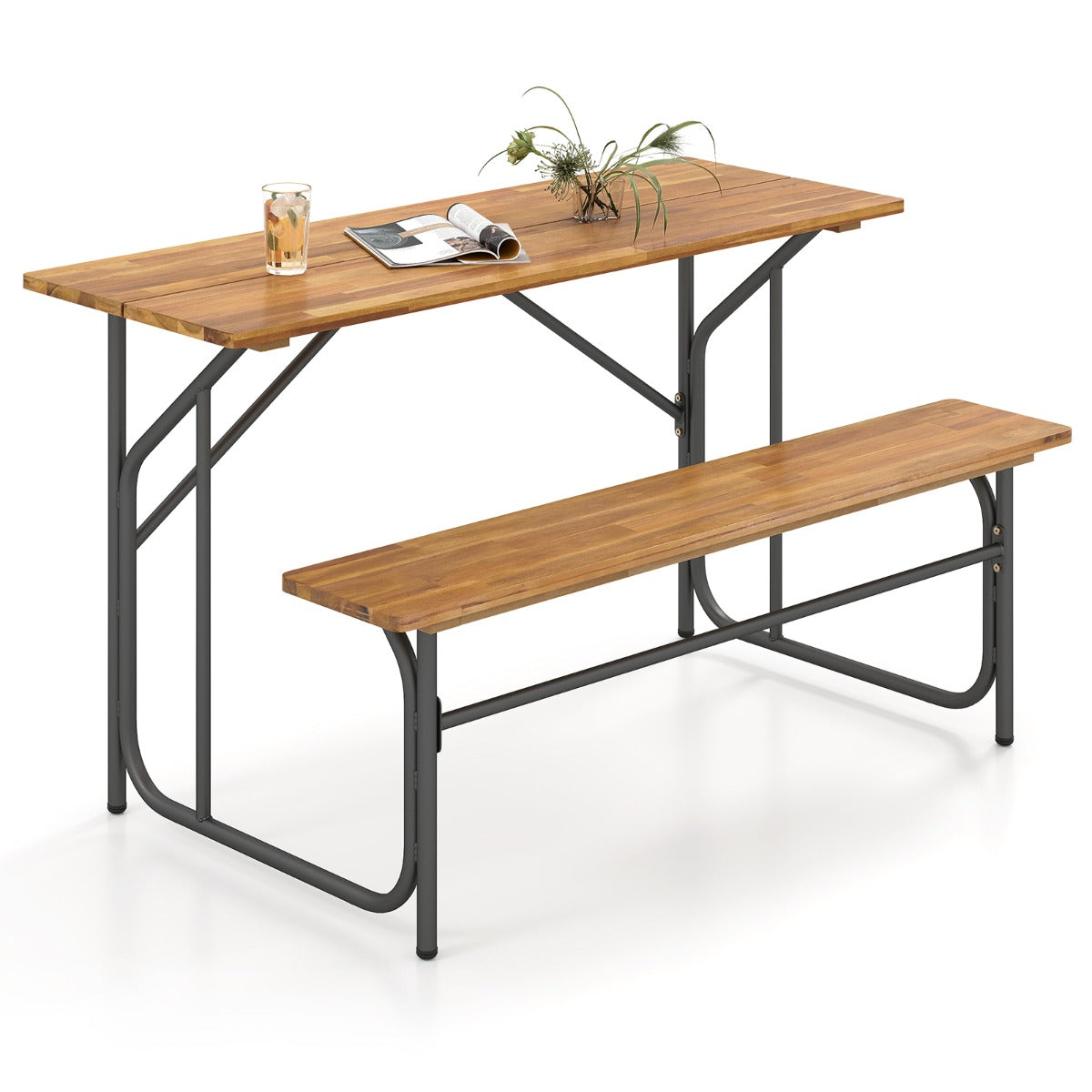 Livsk costway tweezits tuintafel en stoelset picknicktafel met stoelen van robinia eetmeubilair voor buiten