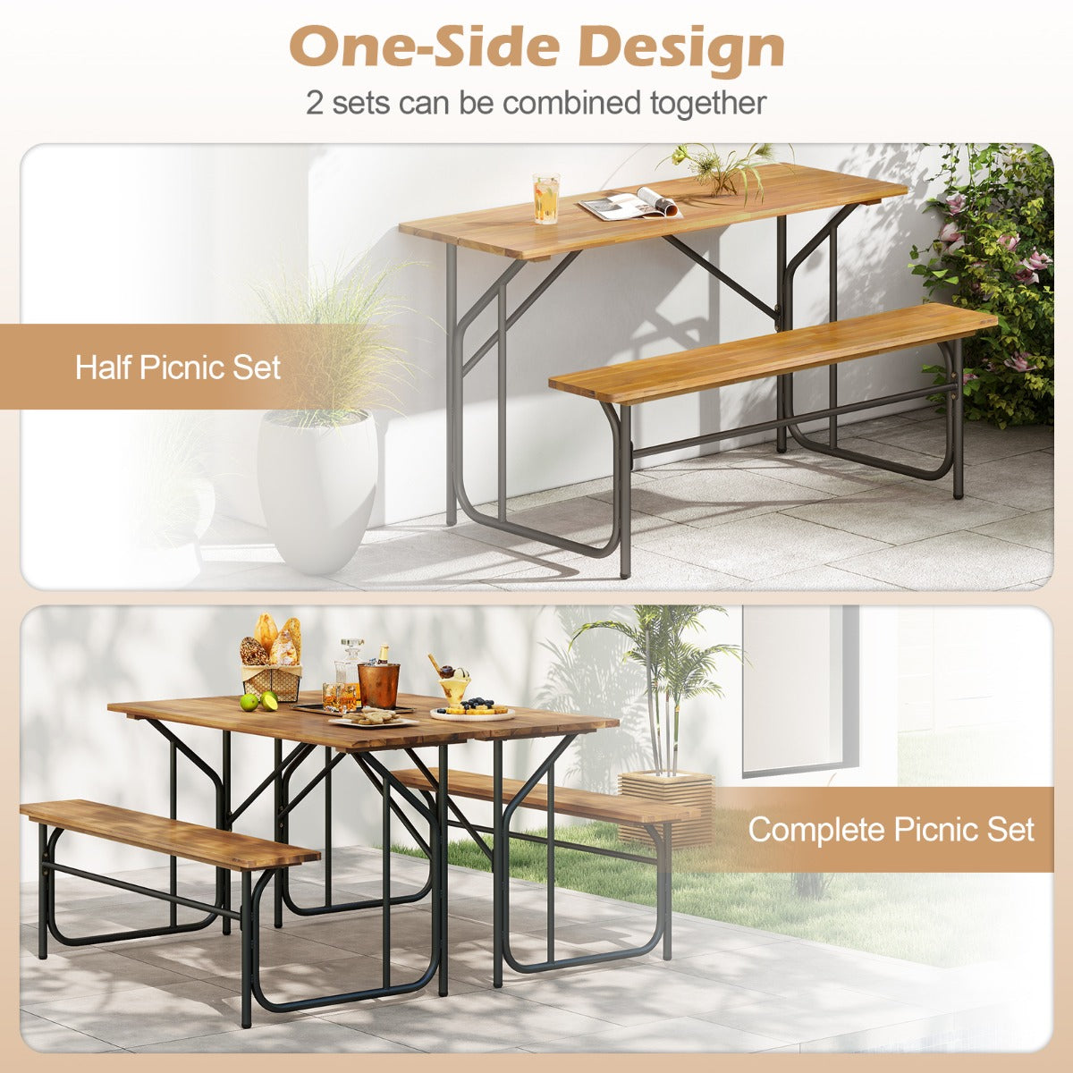 Livsk costway tweezits tuintafel en stoelset picknicktafel met stoelen van robinia eetmeubilair voor buiten 3