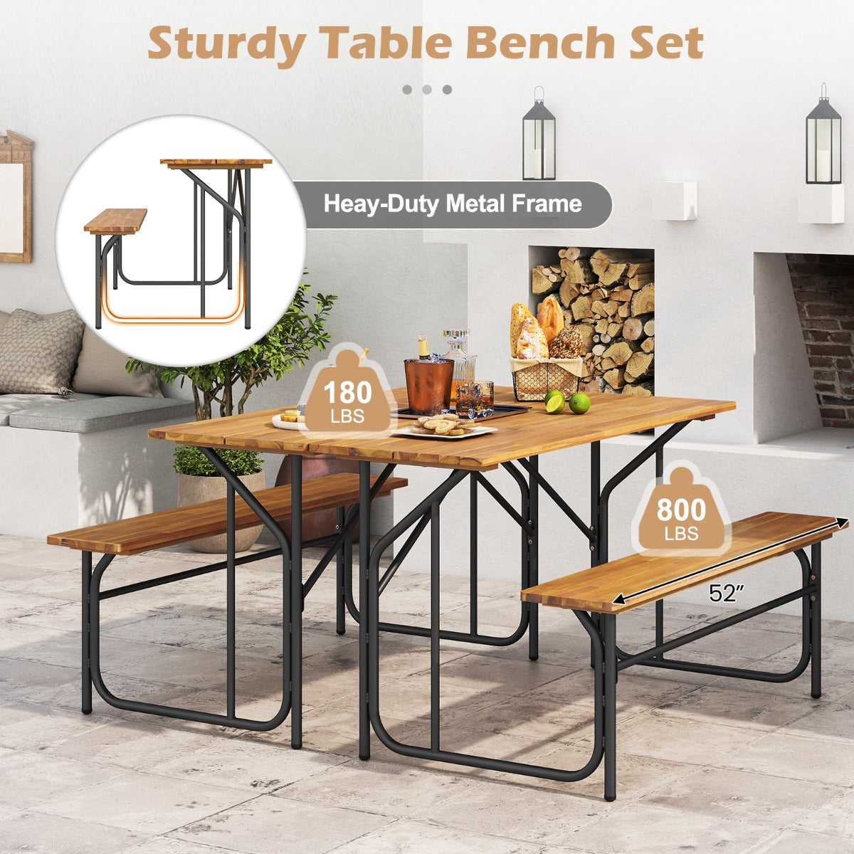 Livsk costway tweezits tuintafel en stoelset picknicktafel met stoelen van robinia eetmeubilair voor buiten 5