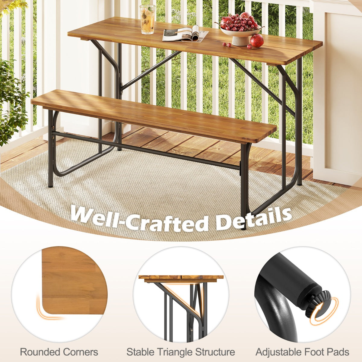 Livsk costway tweezits tuintafel en stoelset picknicktafel met stoelen van robinia eetmeubilair voor buiten 6