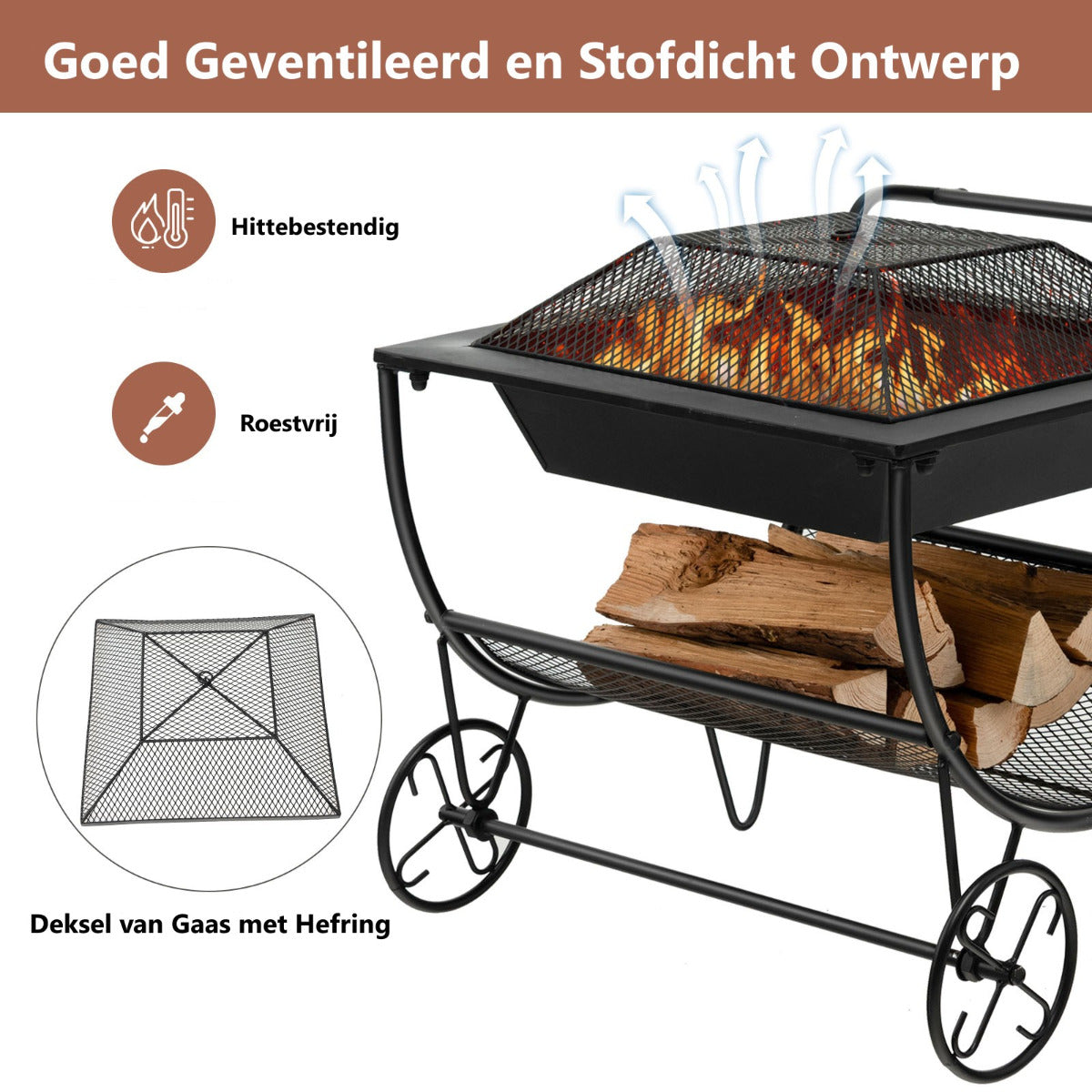 LIVSK Multifunctioneel Buitenhaardrek - Met Vonkenvanger en Wielen - Hittebestendig Staal - Tot 50 kg - Zwart