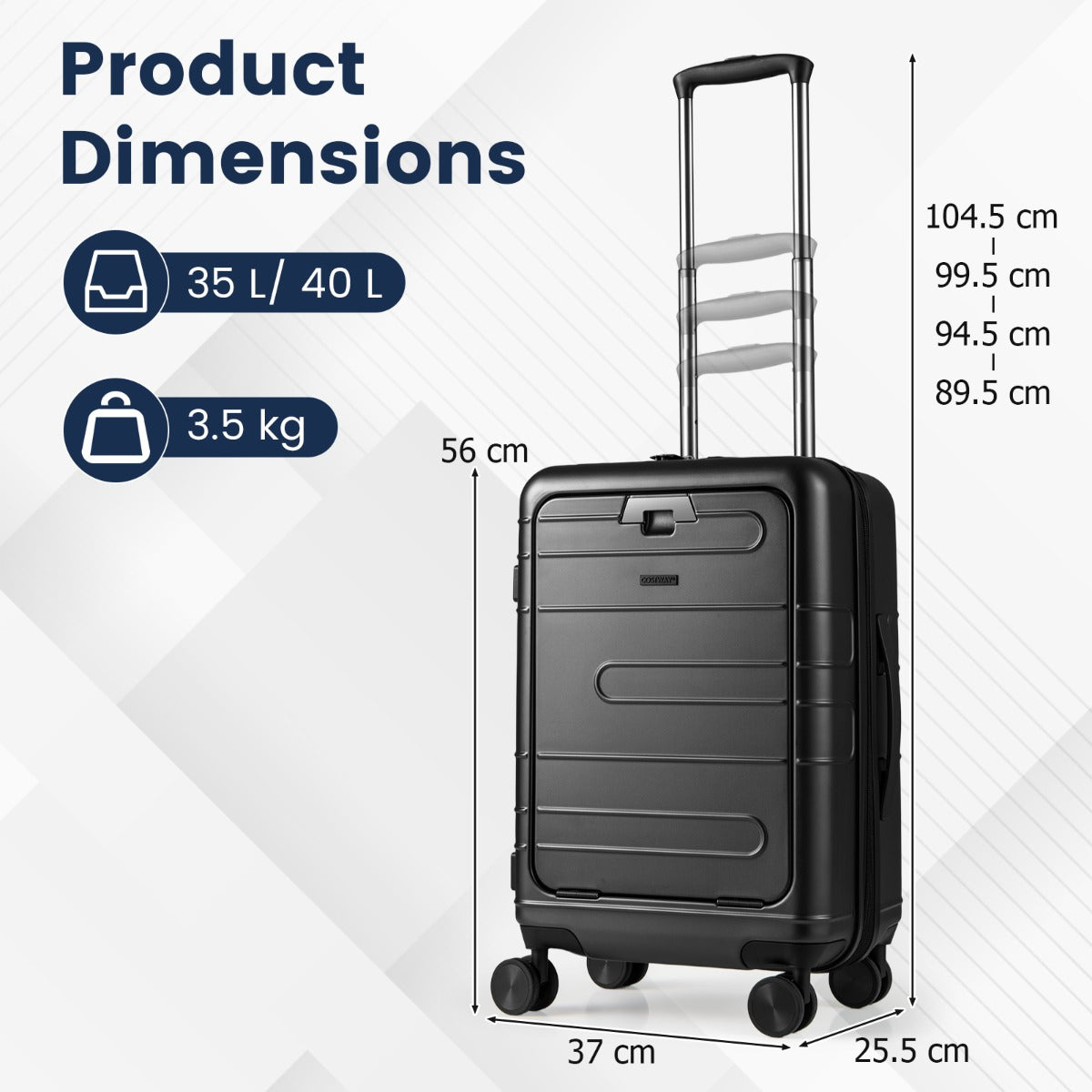 LIVSK Uitbreidbare Cabinekoffer - Lichtgewicht PC-hardshell - TSA-slot - 4 Draaiwielen - 40L - 37 x 25,5 x 56 cm - Zwart