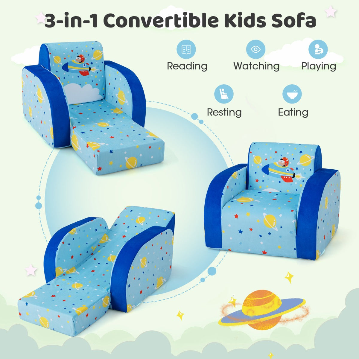 LIVSK 3-in-1 Kinderslaapbank - Zachte Velours Stof - Veiligheidsrits - Ergonomische Rugleuning - Tot 50 kg - Blauw