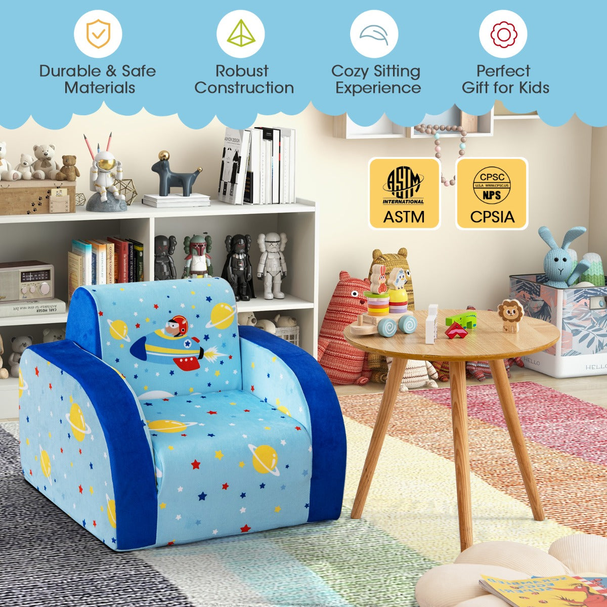 LIVSK 3-in-1 Kinderslaapbank - Zachte Velours Stof - Veiligheidsrits - Ergonomische Rugleuning - Tot 50 kg - Blauw