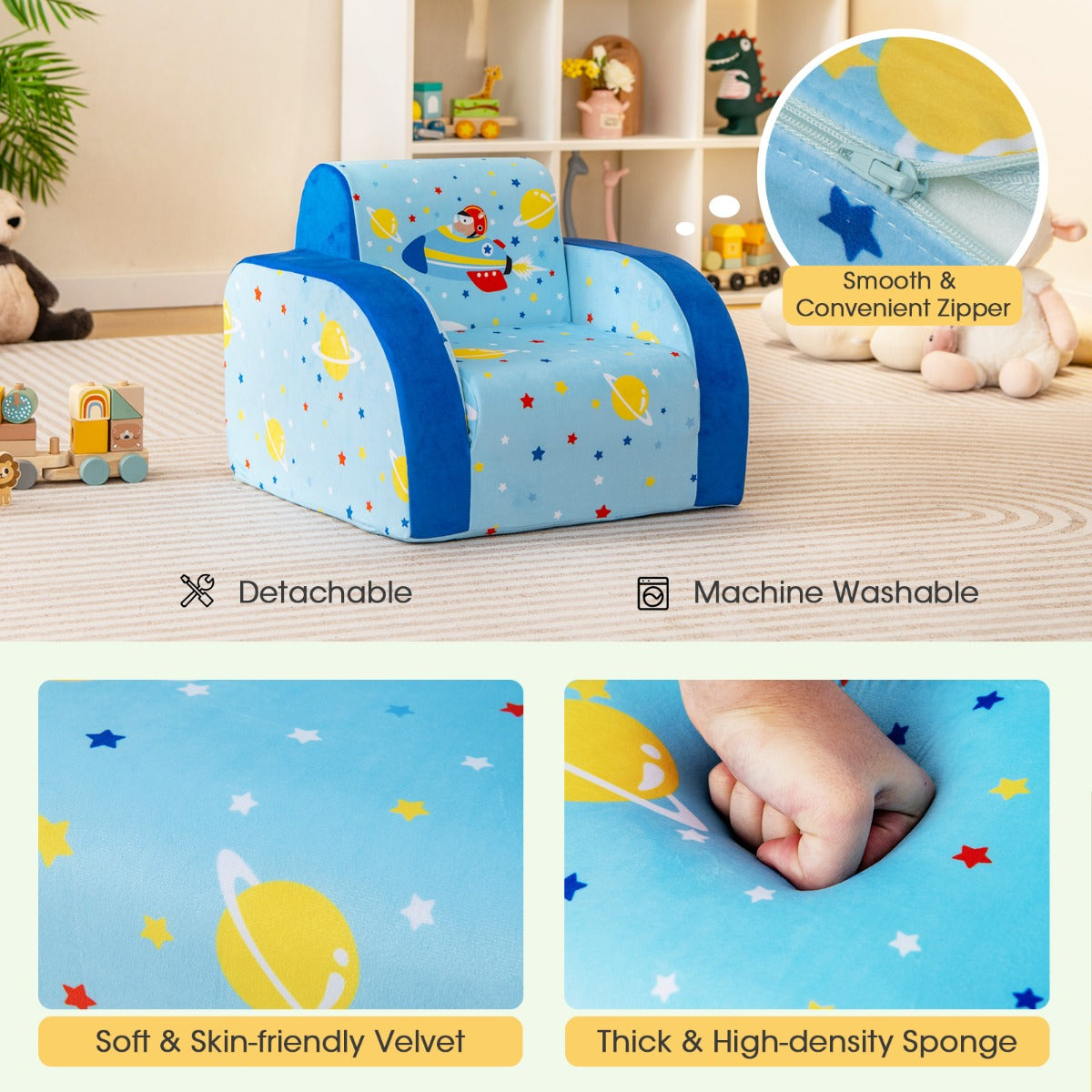 LIVSK 3-in-1 Kinderslaapbank - Zachte Velours Stof - Veiligheidsrits - Ergonomische Rugleuning - Tot 50 kg - Blauw