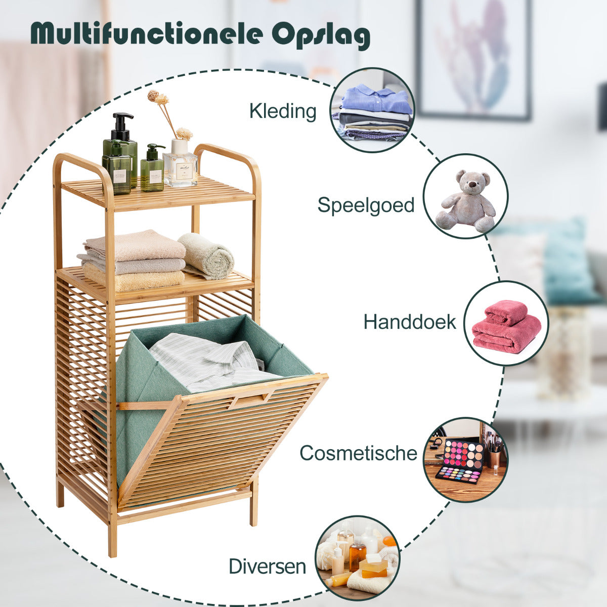 LIVSK Kantelbare Wasmand - Duurzaam Bamboe - 2-laagse Opbergruimte - Ruimtebesparend - Eenvoudig te Verplaatsen - Natuurlijk