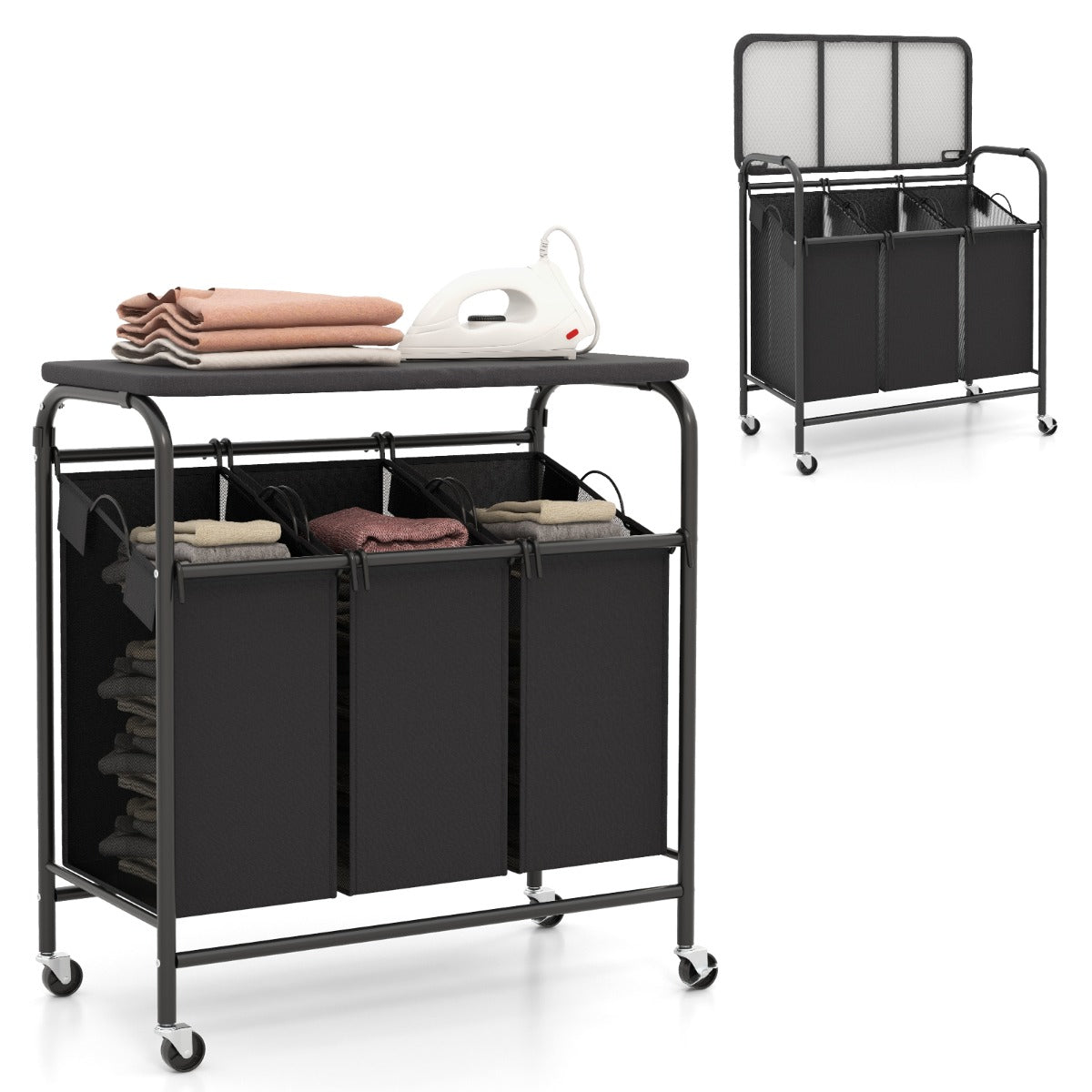 LIVSK Wasmand met Strijkplank - Driedubbele Capaciteit - 3 Uitneembare Zakken - Verstelbare Wielen - 80,5 x 41,5 x 87,5 cm -